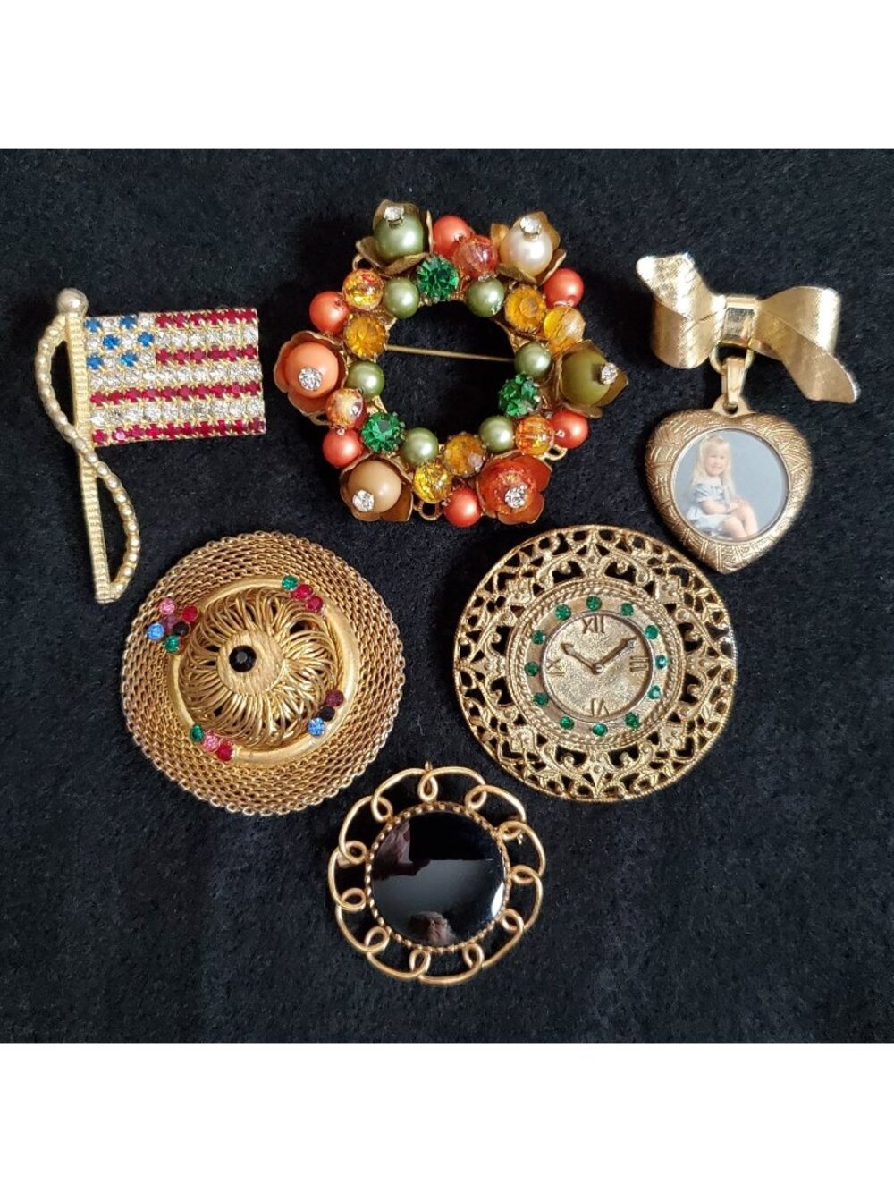 Vintage Brooch Lot Of 6 Winard GF American Flag Hat Clock Photo
